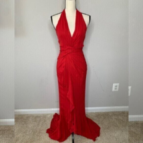 Vintage Red Halter Plunged Neckline Gown with Elegant Ruffle Detail Maxi Dress - Picture 7 of 12